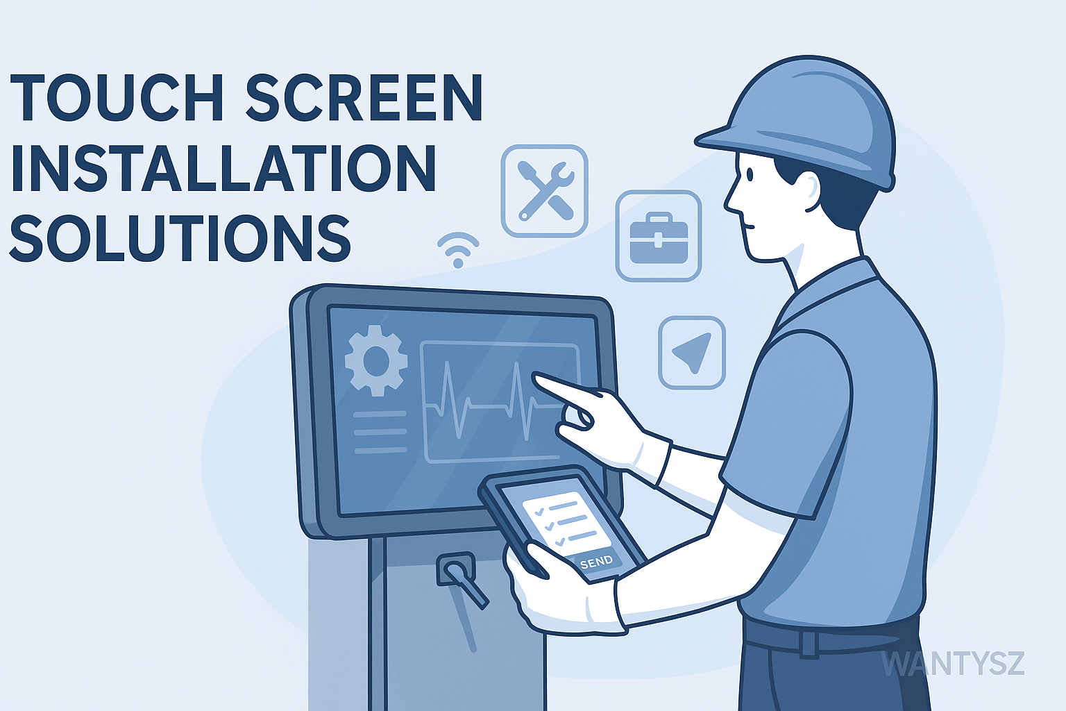 Technician installing a capacitive touch screen in a kiosk or device